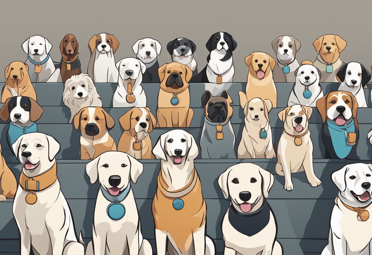 Dogs sit in a row, focused on a trainer holding a clicker. Each dog responds to the sound with a specific action, demonstrating effective training