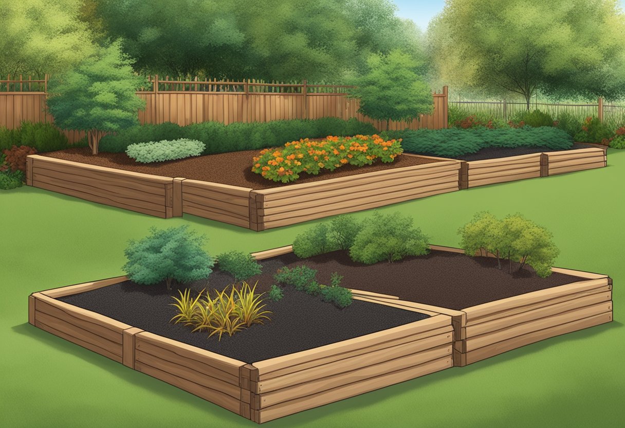 A garden with two separate mulch beds, one with pine bark mulch and the other with hardwood mulch. Each bed is labeled with its respective mulch type