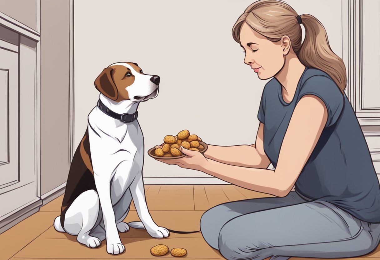 A dog sits attentively, ears perked, as a clicker sound is heard. The trainer holds a treat, ready to reward the dog for its response