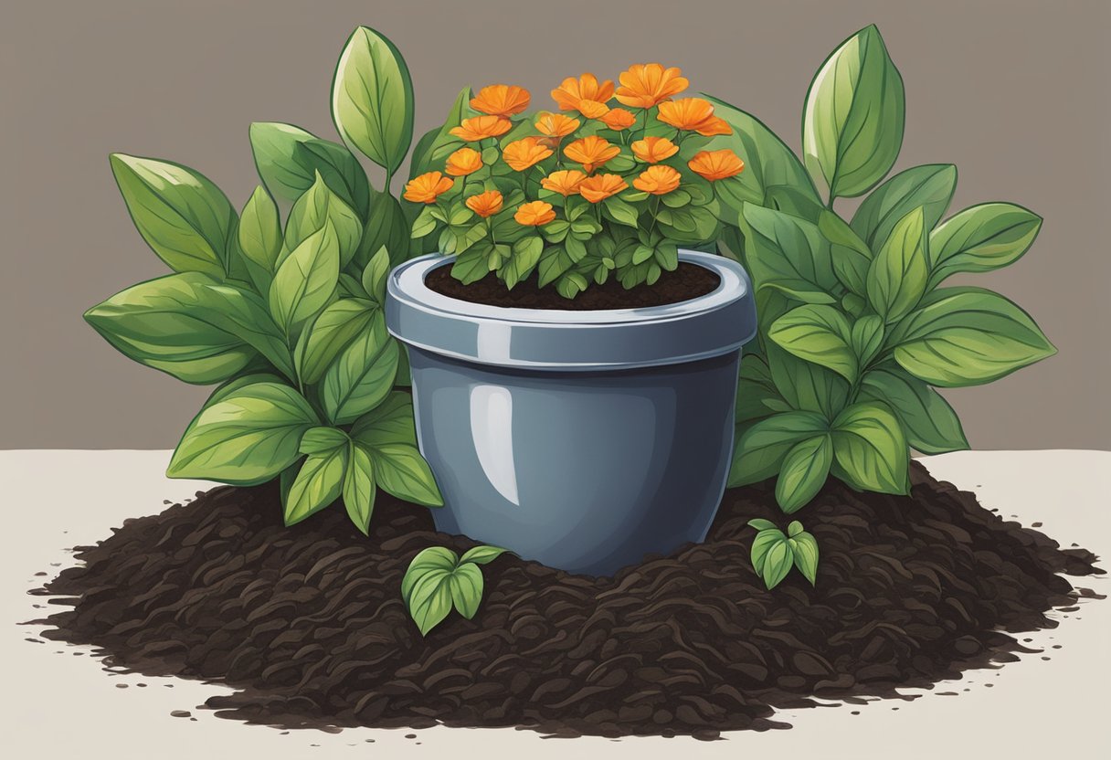 A potted plant sits on a table, surrounded by a layer of rich, dark mulch. The soil is moist, and the leaves are vibrant and healthy