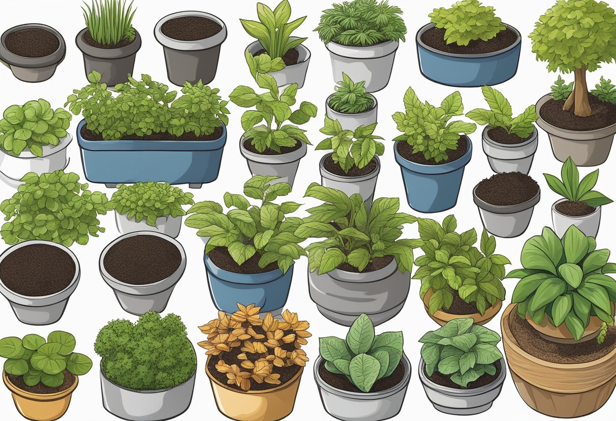 Various indoor plant mulch types (e.g. wood chips, peat moss) arranged around potted plants, providing benefits such as moisture retention and weed suppression
