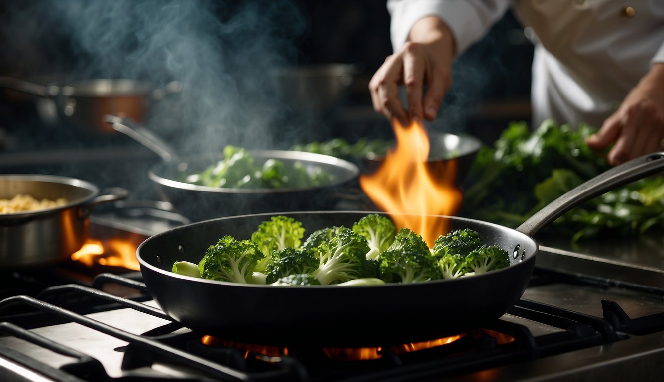 A chef sautés round green vegetable with leaves in a sizzling pan