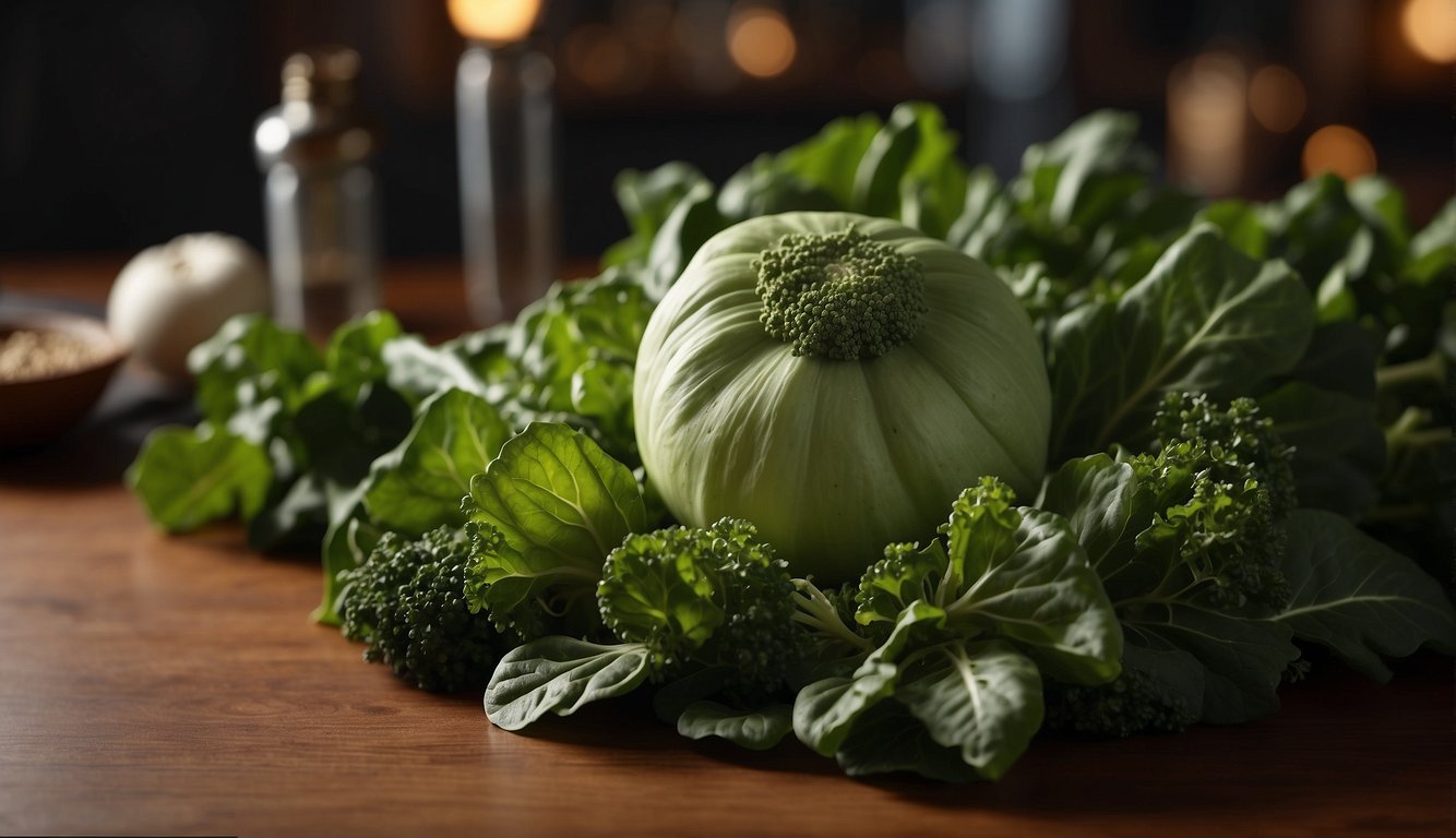 A round green vegetable with leaves sits on a table, surrounded by a list of frequently asked questions