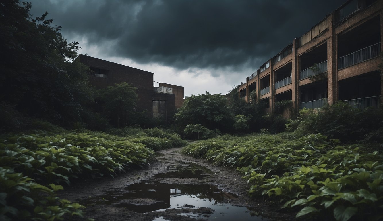 A dark, stormy sky looms over a mold-infested building with water damage and sickly plants, evoking the feeling of chronic inflammation