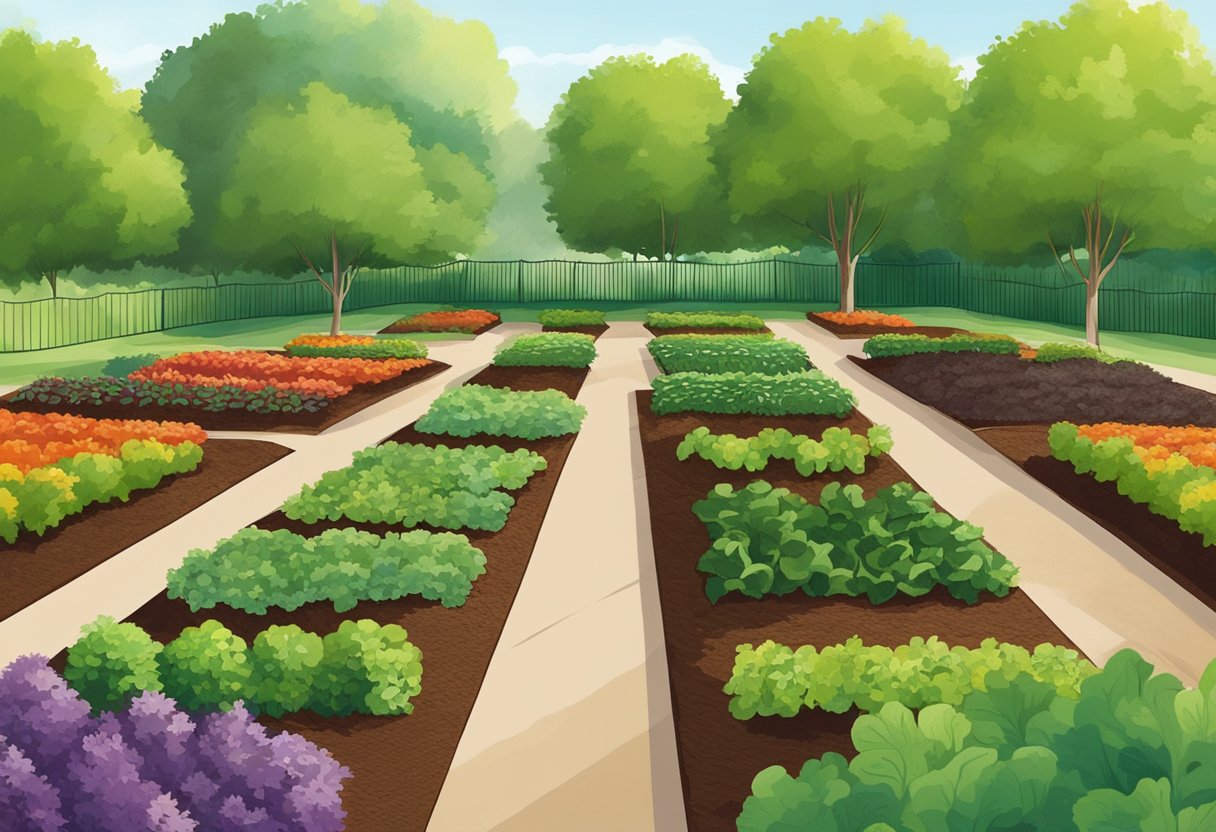 Cedar mulch is spread around rows of thriving vegetable plants in a well-tended garden. The rich, reddish-brown color of the mulch contrasts with the vibrant green of the plants, creating a visually appealing and healthy environment