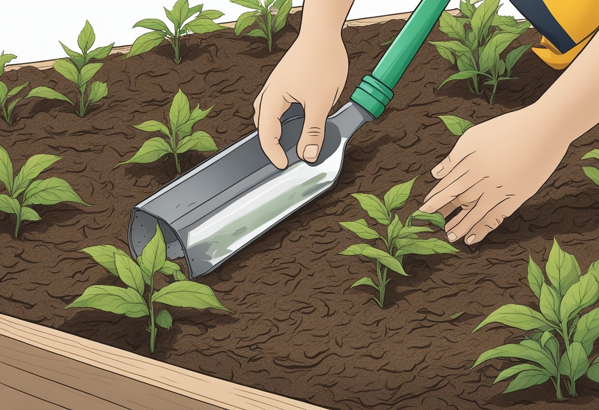 Mulch is spread around plants. A bottle of mulch glue is shown being applied to the edges of the mulch. Weeds are seen struggling to grow through the glued areas