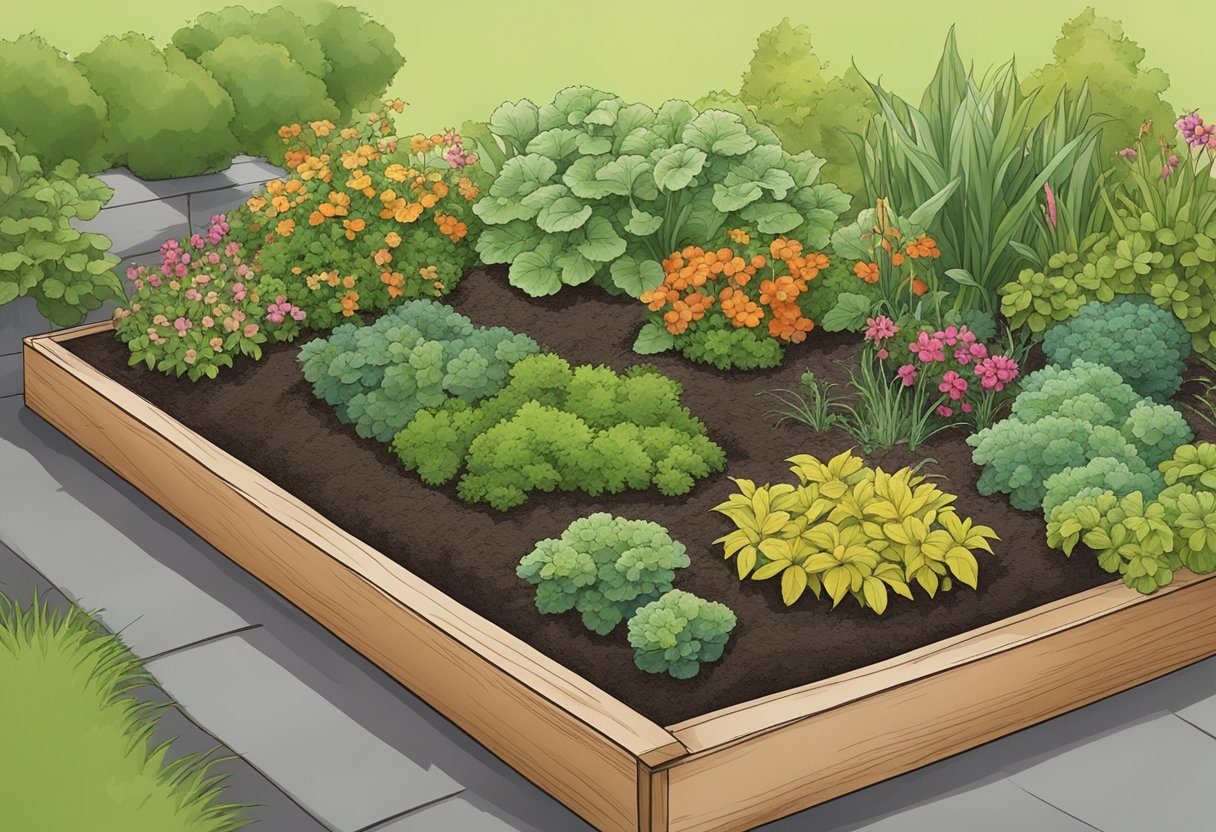 A garden bed with mulch covering the soil, plants growing healthy, and no weeds in sight