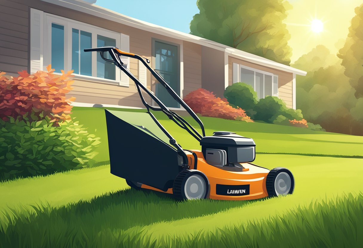 A lawnmower sits in a freshly cut grass yard, with a bag and mulch attachment nearby. The sun shines down on the scene, indicating the start of the mowing season