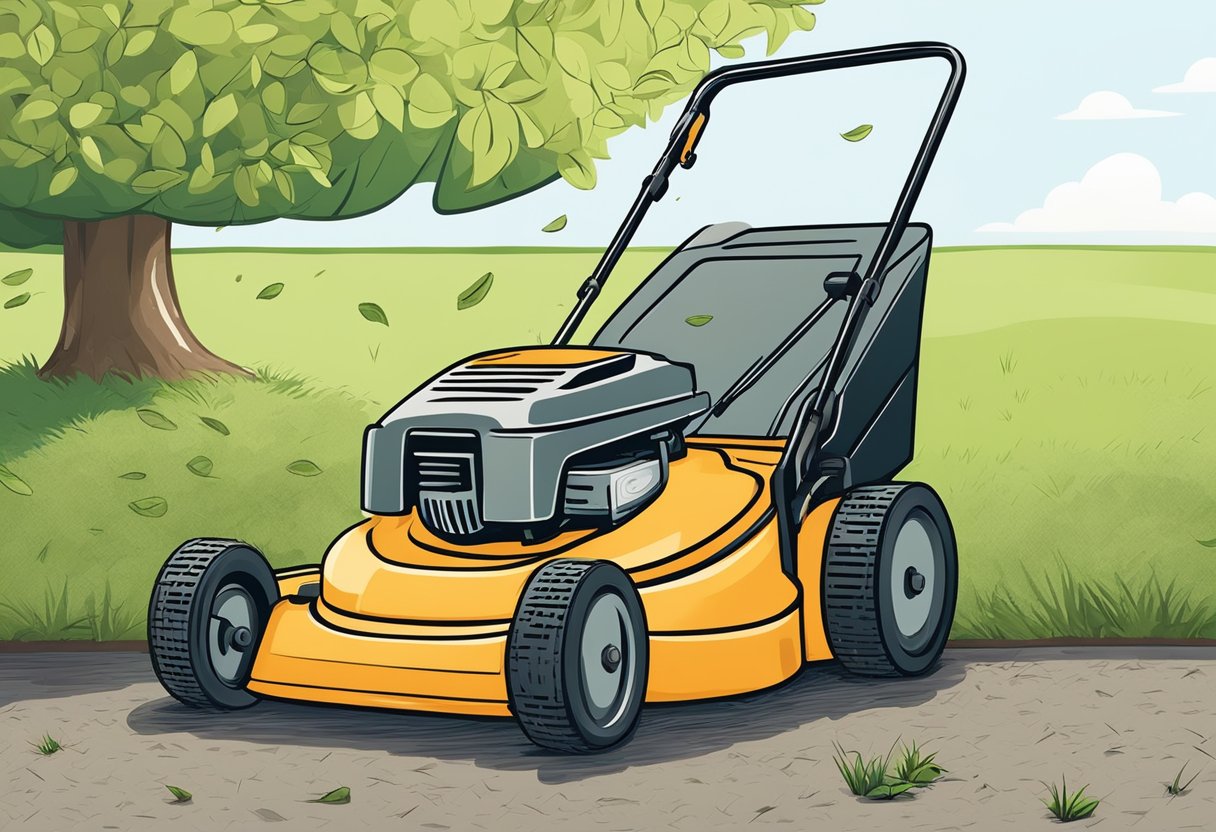 A lawn mower sits ready with bags and mulching attachments. Grass clippings are scattered on the ground, awaiting the decision of whether to bag or mulch for the first mow of the season