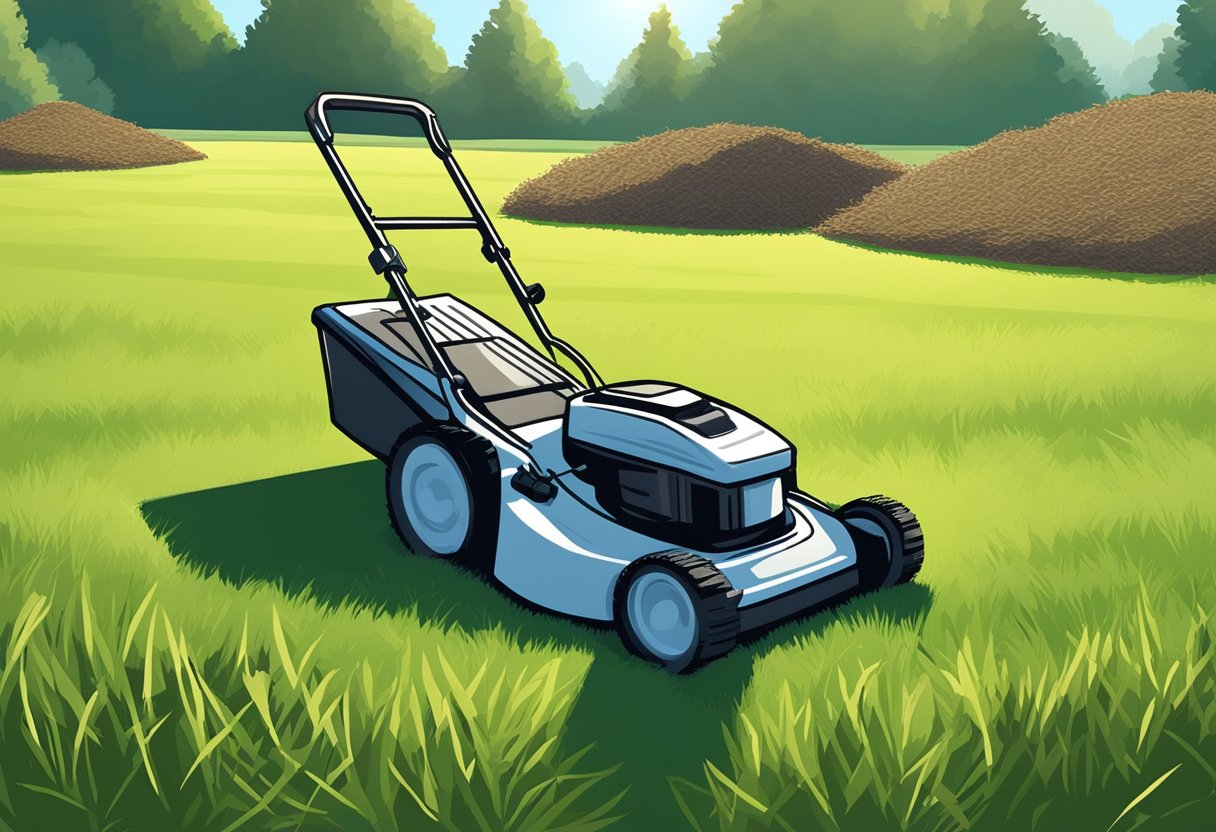 A lawn mower sits on a freshly cut grass field, with two piles of clippings nearby. One pile is neatly bagged, while the other is spread out as mulch. The sun shines down on the contrasting piles, highlighting the debate