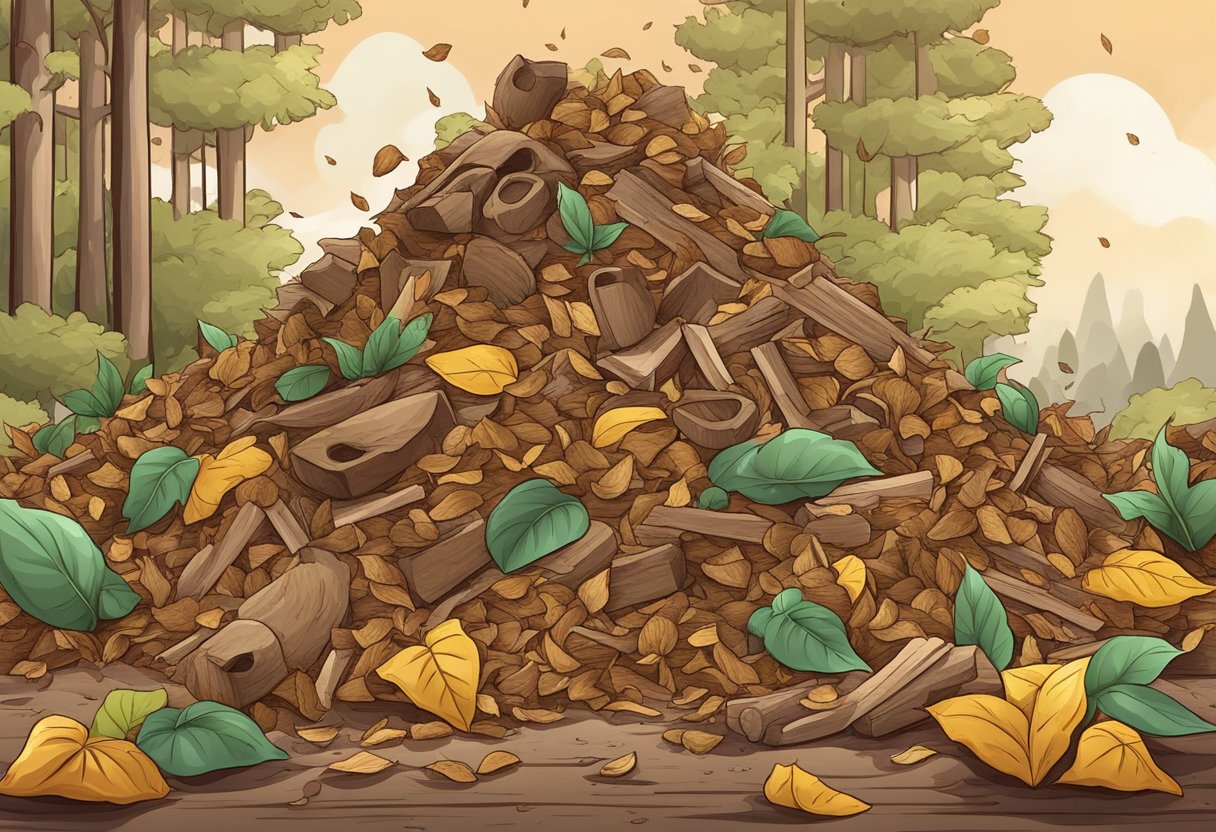 A pile of animal waste surrounded by wood chips and leaves
