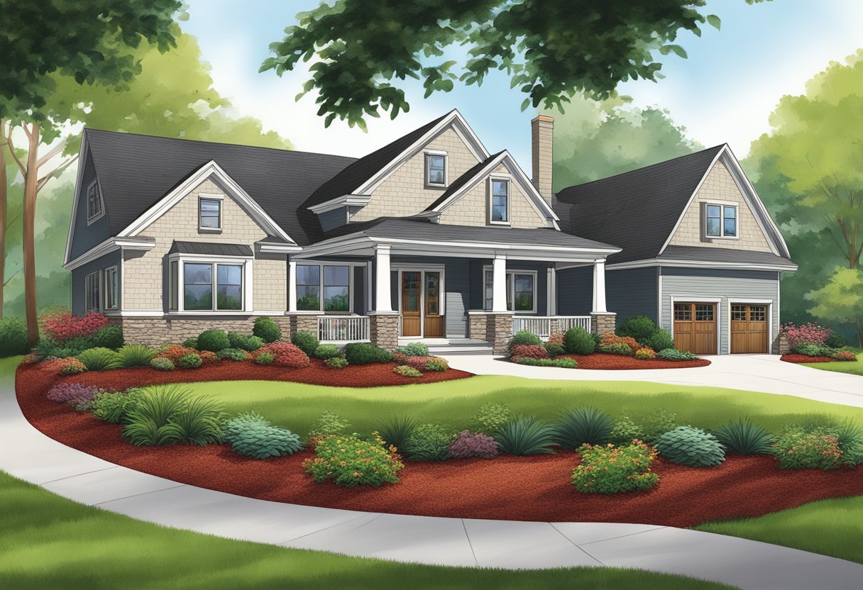 Vibrant red mulch complements the greenery, enhancing the curb appeal of the house