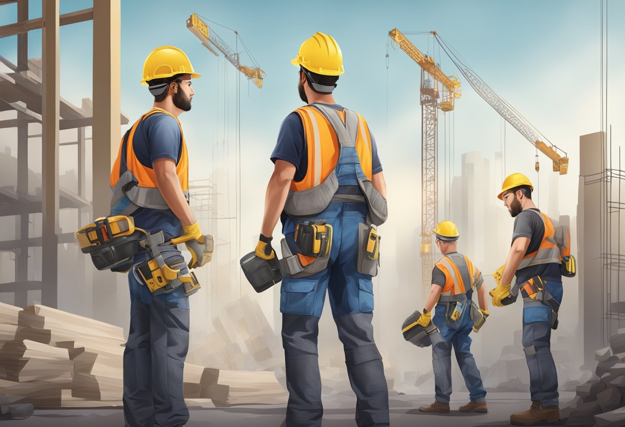 Workers in construction wearing exoskeletons, lifting heavy materials effortlessly, while maintaining proper posture and reducing the risk of injury