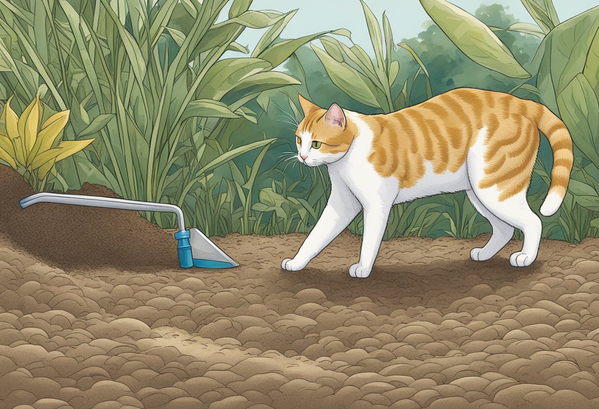 A cat prowls near a mulch bed, sniffing and digging. A spray bottle sits nearby, labeled "citrus deterrent."