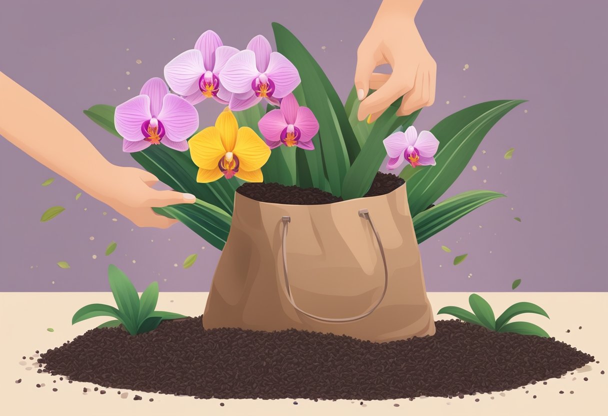 A hand holding a bag of mulch, surrounded by potted orchids of different colors and sizes. The hand is carefully sprinkling the mulch around the base of the orchids