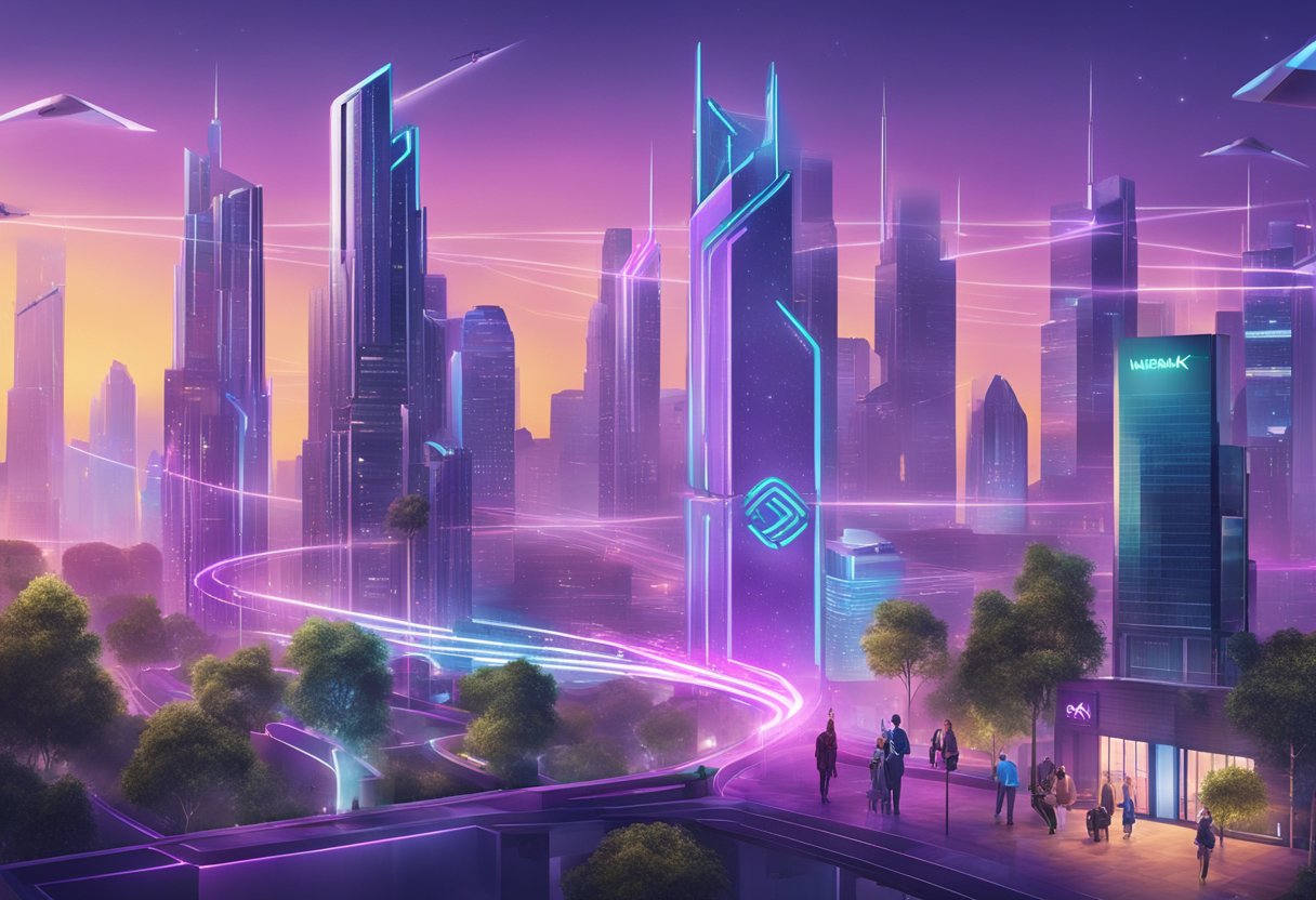 A futuristic cityscape with Nubank's logo prominently displayed on skyscrapers. Drones zip around delivering digital payments, while people use their smartphones for seamless banking