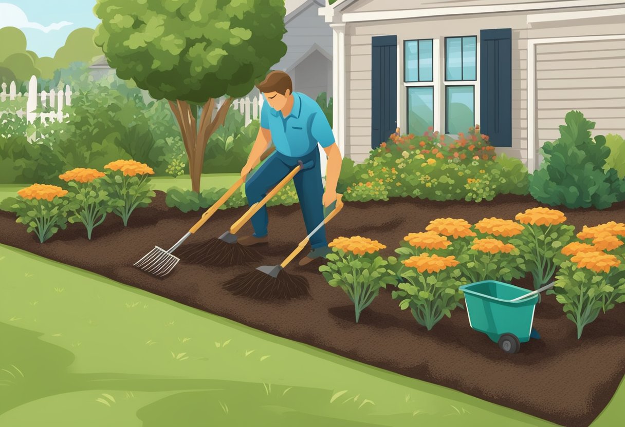 Wood mulch is spread evenly around vegetable plants in a garden bed. A gardener uses a rake to smooth out the mulch, creating a clean and organized appearance