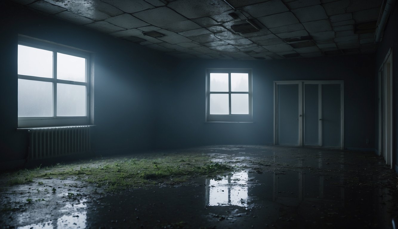 A dark, damp room with visible mold growth on walls and ceiling. The air feels musty and heavy, with a faint odor of mildew