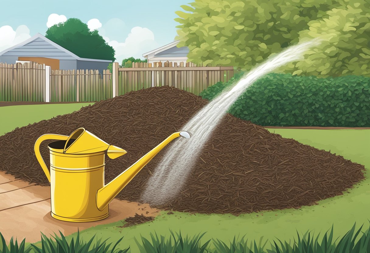 A pile of mulch sits in a garden bed. A watering can pours water onto the mulch, which visibly absorbs the liquid