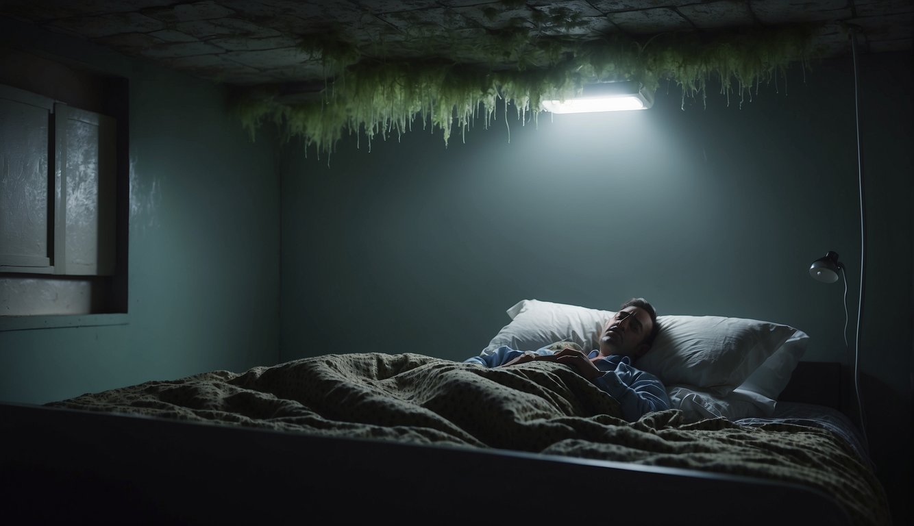 A dimly lit room with damp, moldy walls and ceilings. A person lying in bed, visibly fatigued. Mold spores floating in the air