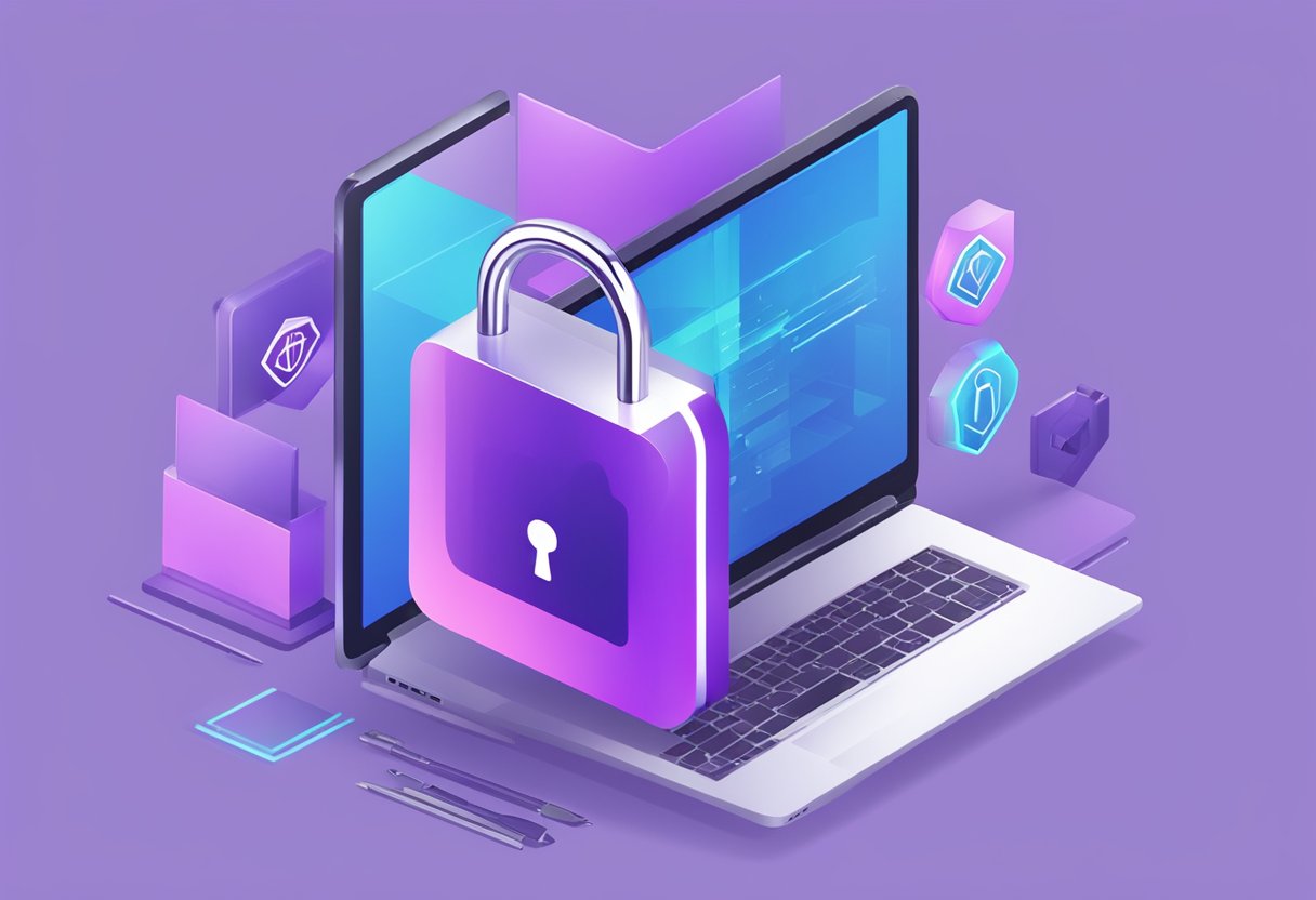 A laptop displaying Nubank's security features. A padlock symbol and shield icon represent digital security and fraud prevention