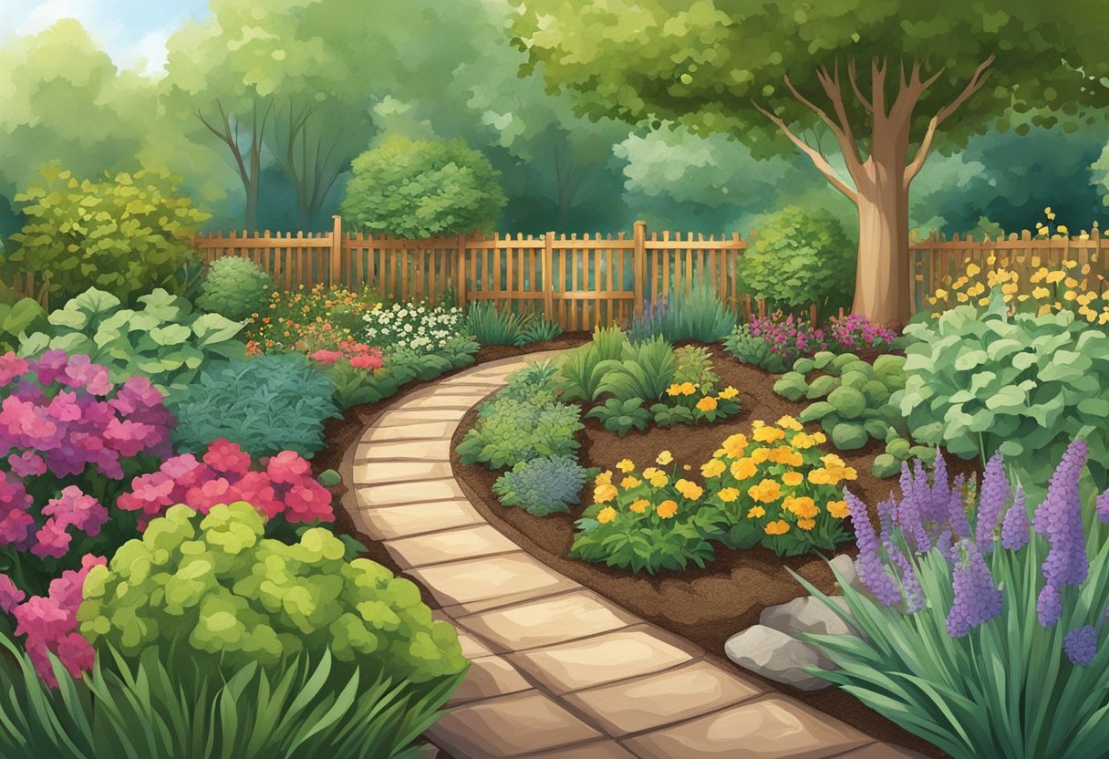 A garden with healthy, vibrant plants surrounded by a layer of organic mulch, such as straw or wood chips. The mulch helps retain moisture, suppress weeds, and enrich the soil
