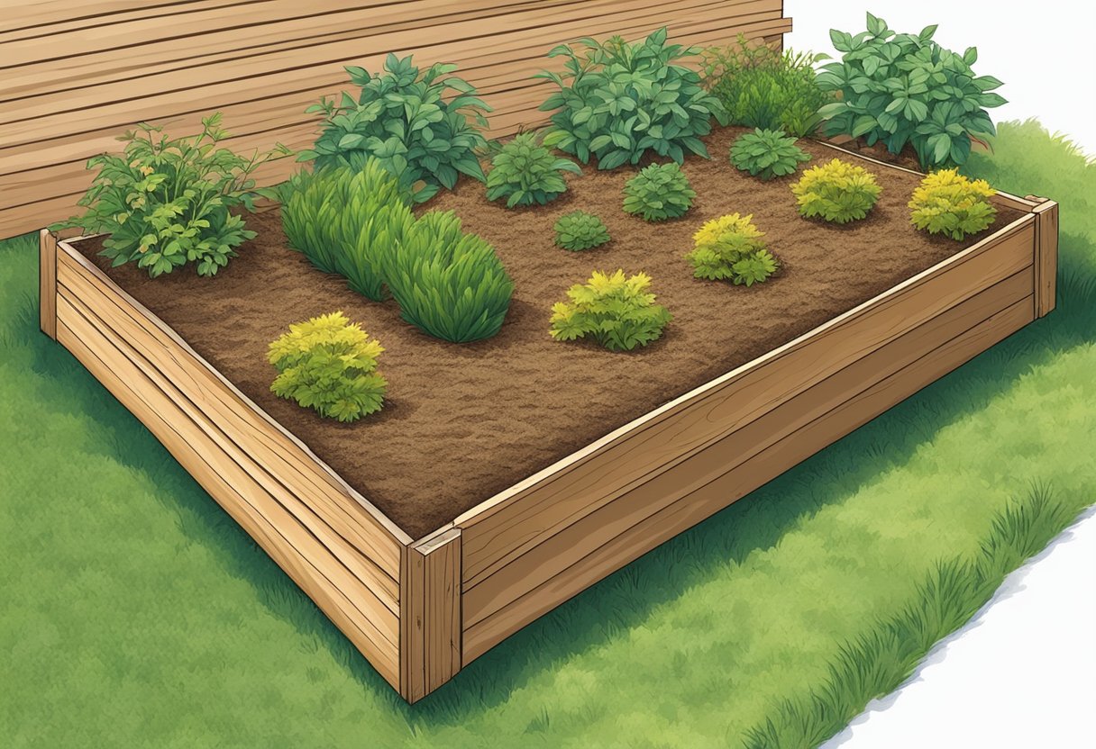 A garden bed covered in layers of organic mulch, such as straw or wood chips, with visible plant growth benefiting from the moisture retention and weed suppression effects