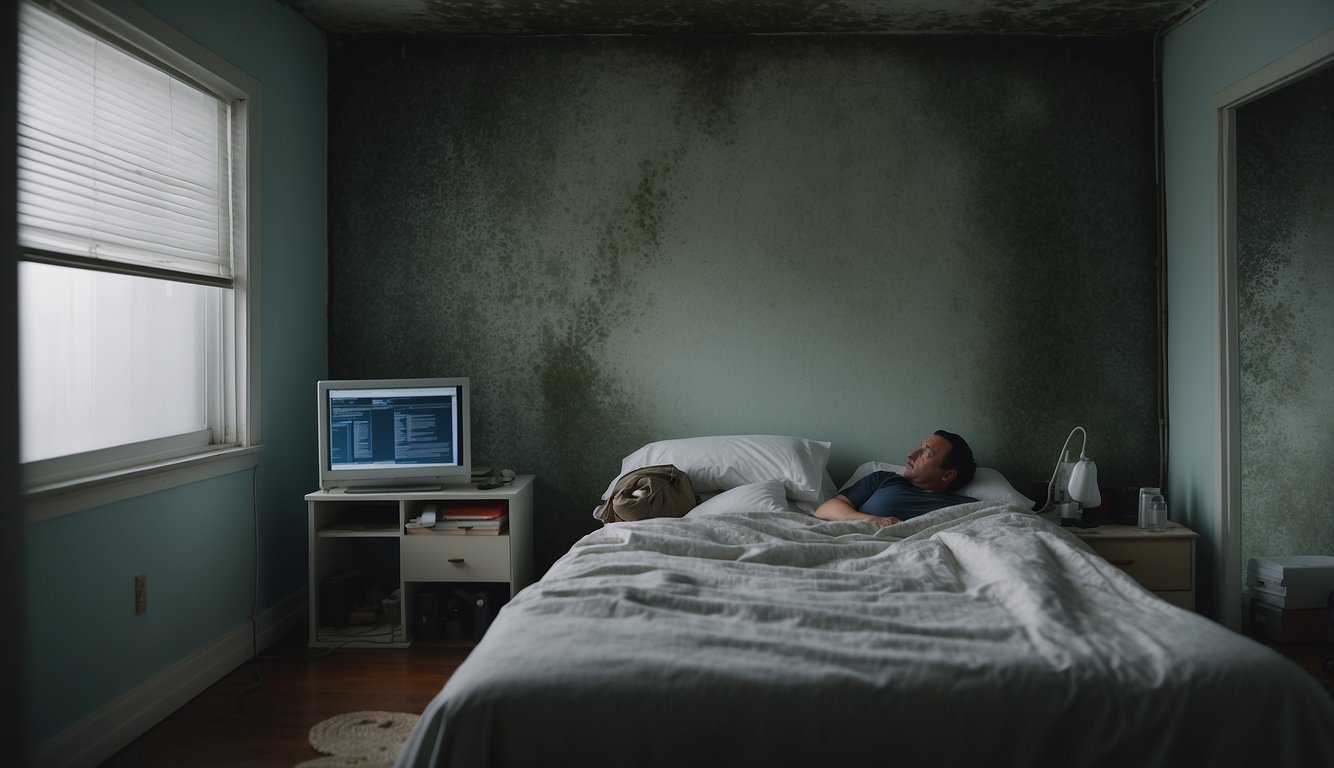 A moldy room with visible mold growth on walls and ceiling, a person lying in bed looking fatigued, and a doctor discussing mold exposure