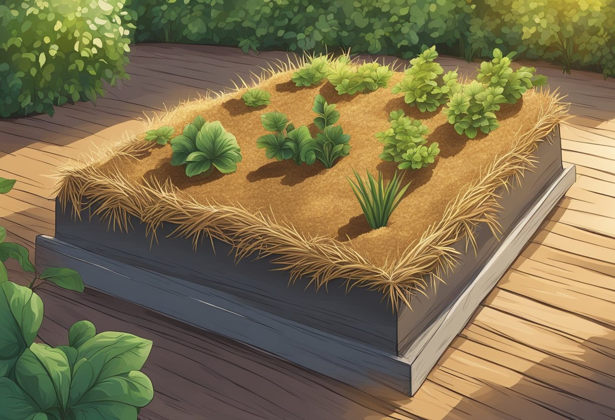 A garden bed covered in organic straw mulch, with plants peeking through. Sunlight filters through the straw, highlighting its benefits and uses