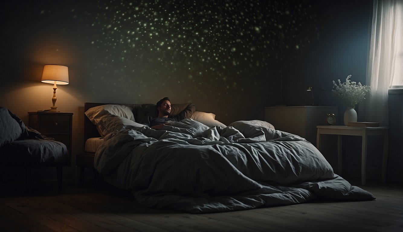 A dimly lit bedroom with mold growing in the corners and on the walls. A person lies in bed, looking fatigued and unwell