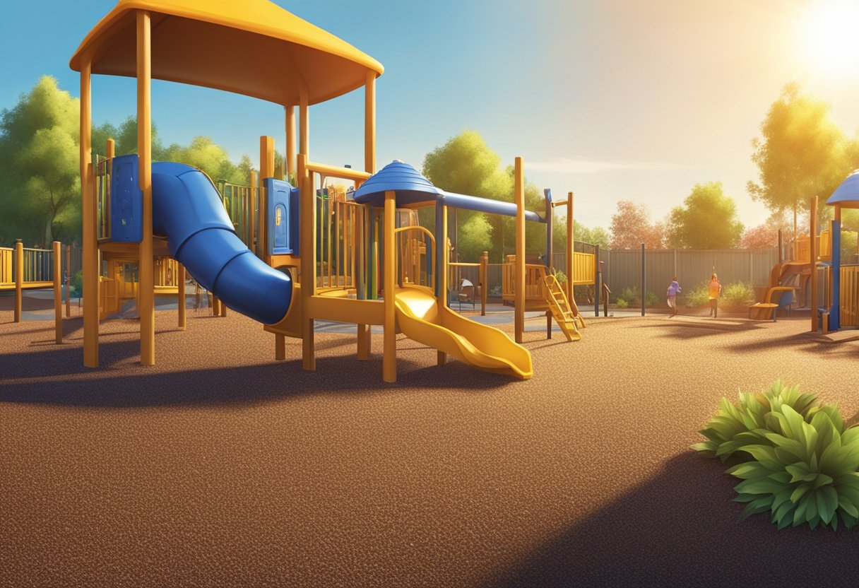 The rubber mulch glistens in the sunlight, radiating heat as it sits in the playground