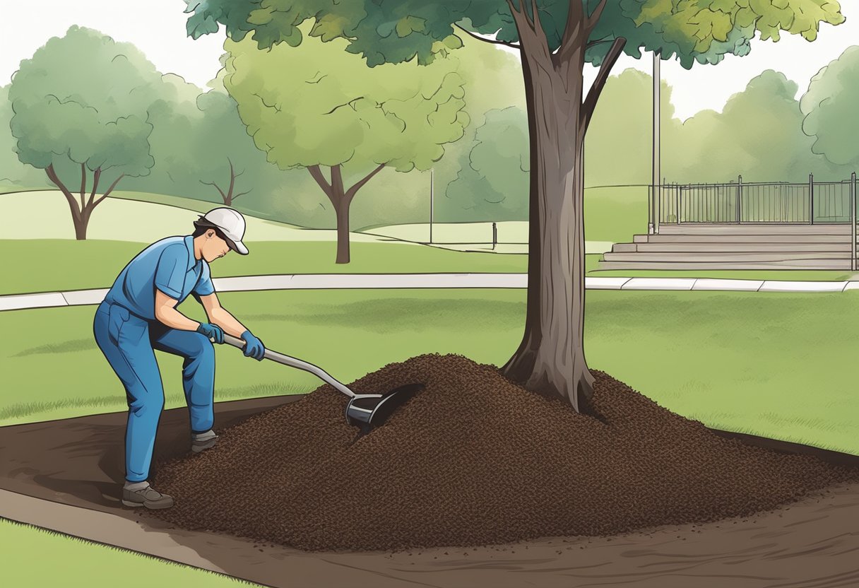 A gardener spreads fresh mulch around the base of a tree, creating a neat, protective layer over the soil