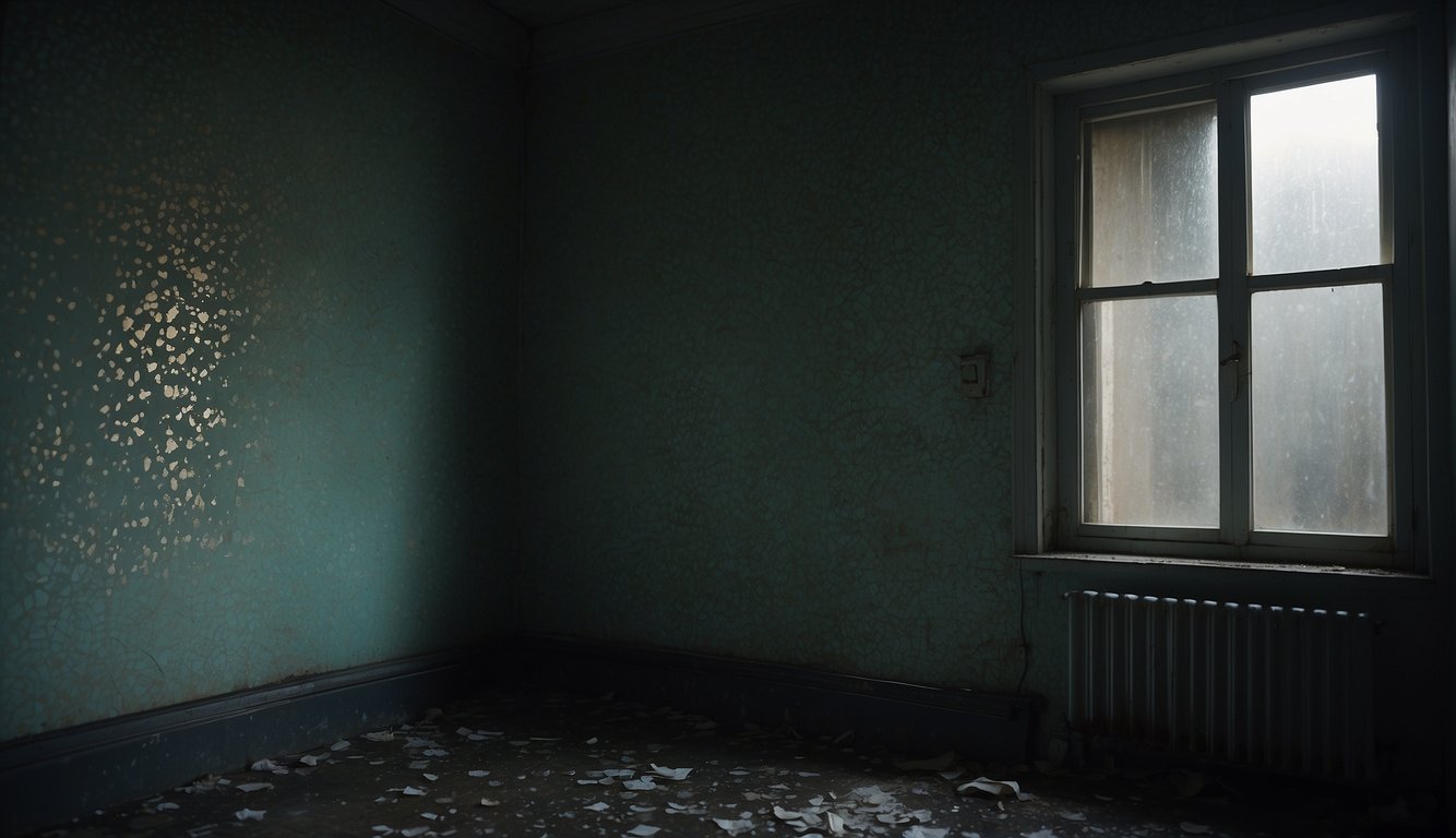 A dimly lit room with peeling wallpaper and damp, musty air. Mold grows on the walls, emitting a pungent odor. The atmosphere feels heavy and oppressive, evoking a sense of unease and discomfort