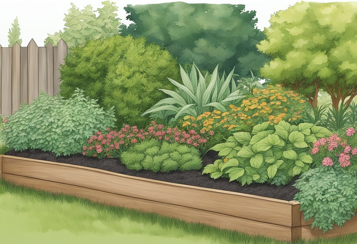 A garden bed with hemlock mulch, showing plants thriving with moisture retention and weed suppression
