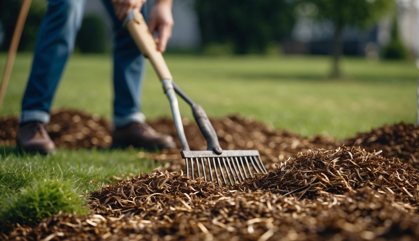 A person uses a rake to separate grass clippings from mulch, creating a pile of clippings to be removed