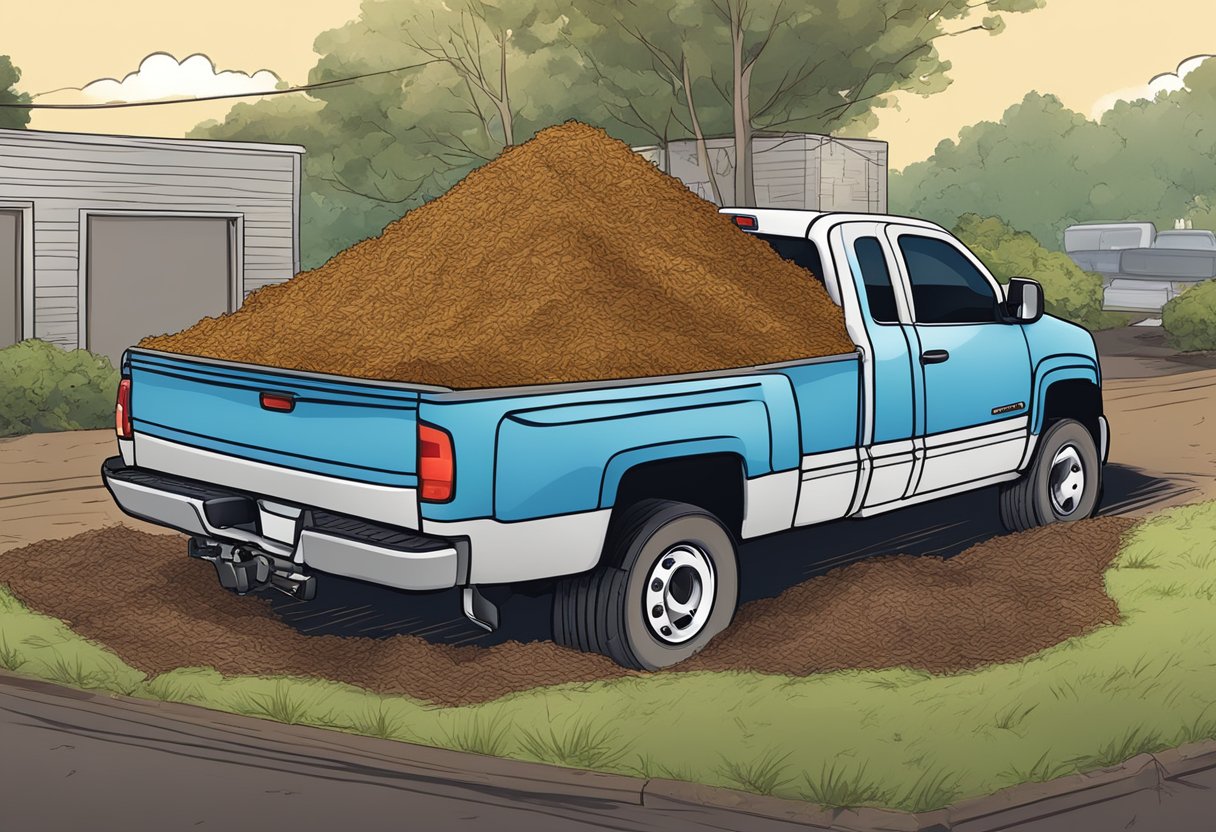 A truck bed filled with mulch, reaching the top edges but not overflowing