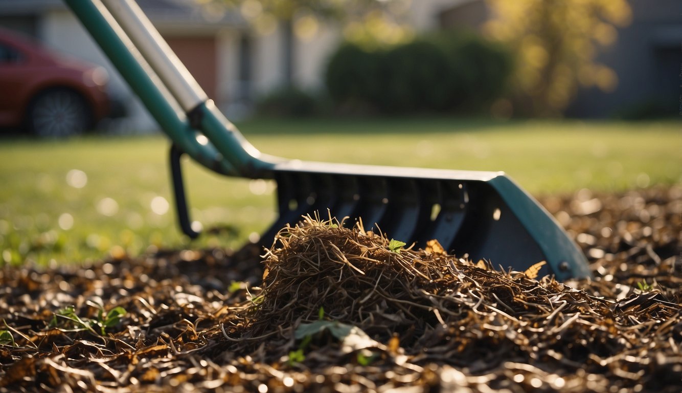 A rake gathers grass clippings from mulch. A leaf blower blows away remaining debris