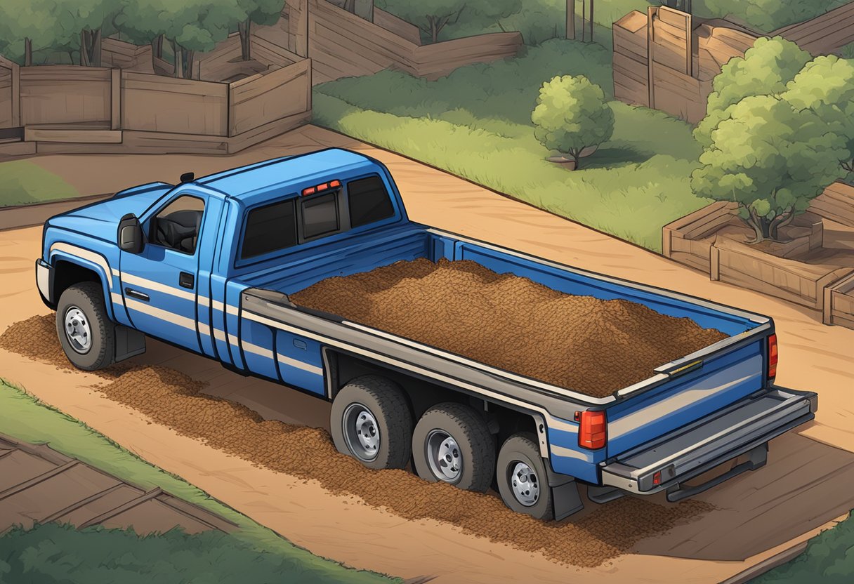 A truck bed filled with mulch, showing the capacity