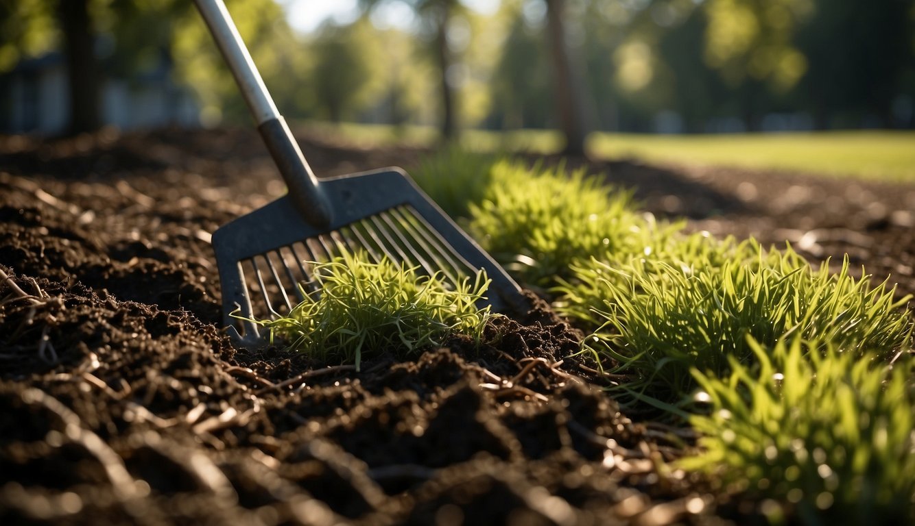A rake pulls grass clippings from mulch, revealing dark soil underneath. Sunlight filters through the trees, casting dappled shadows on the ground