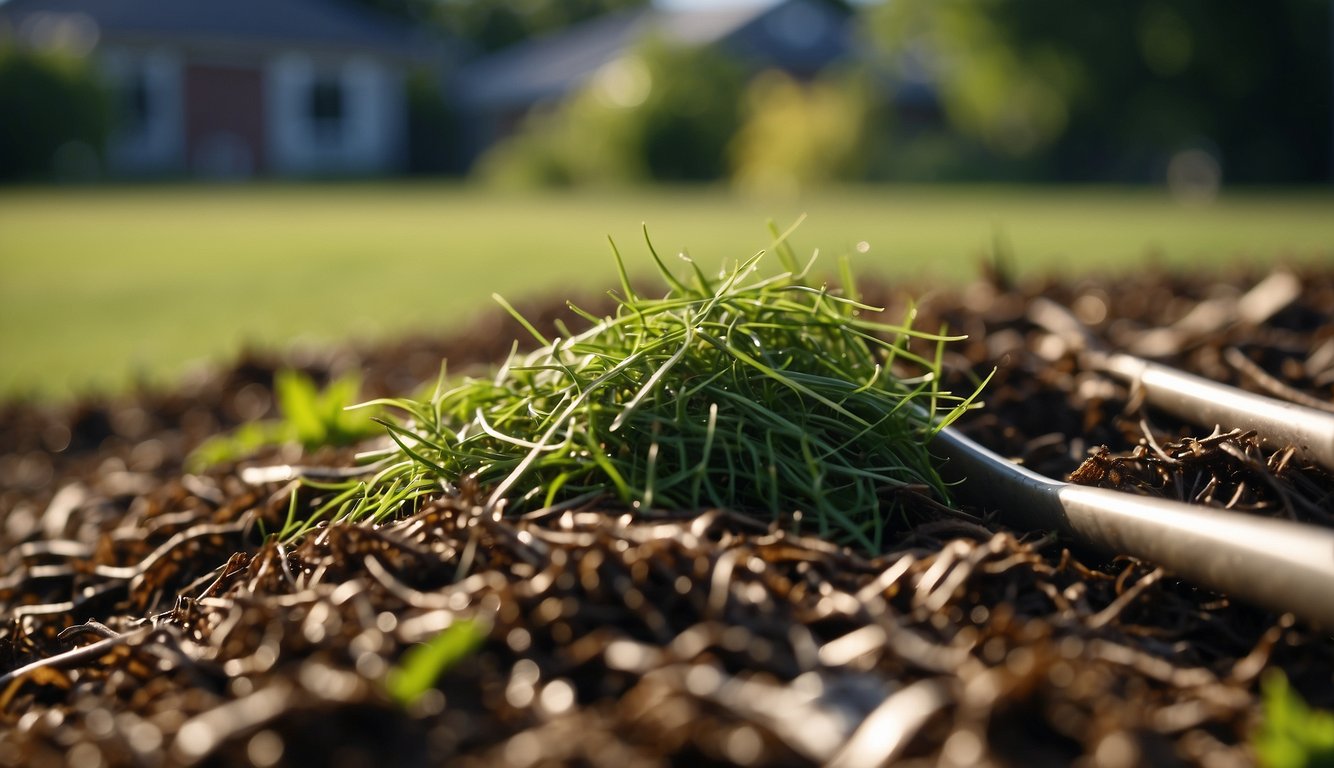 Grass clippings scattered in mulch, with a rake nearby