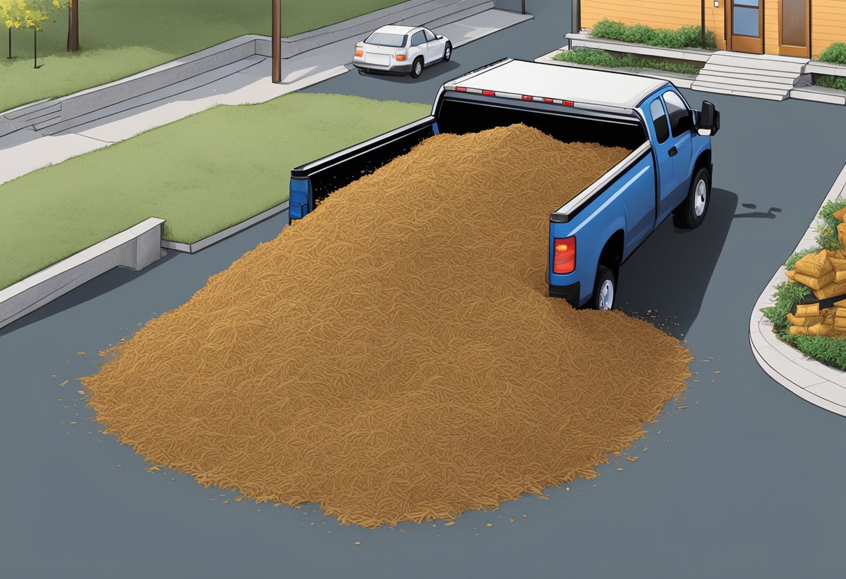 A truck bed filled with mulch, overflowing slightly. Shovels and bags nearby, indicating a recent delivery