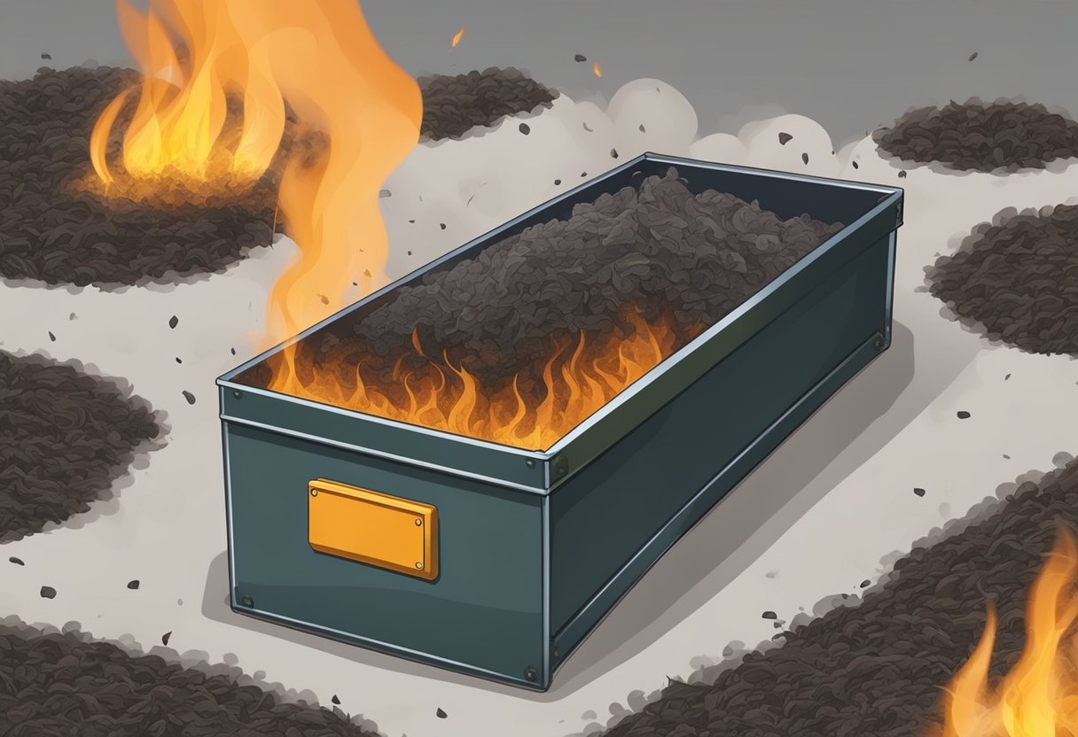 Mulch smolders in a metal container. Smoke rises, and flames flicker as the mulch burns