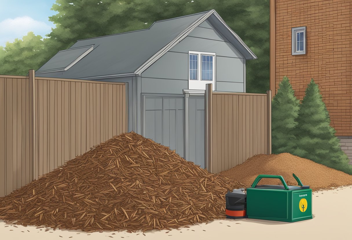 Mulch pile with clear signage, fire extinguisher nearby, and a safe distance from any structures or flammable materials