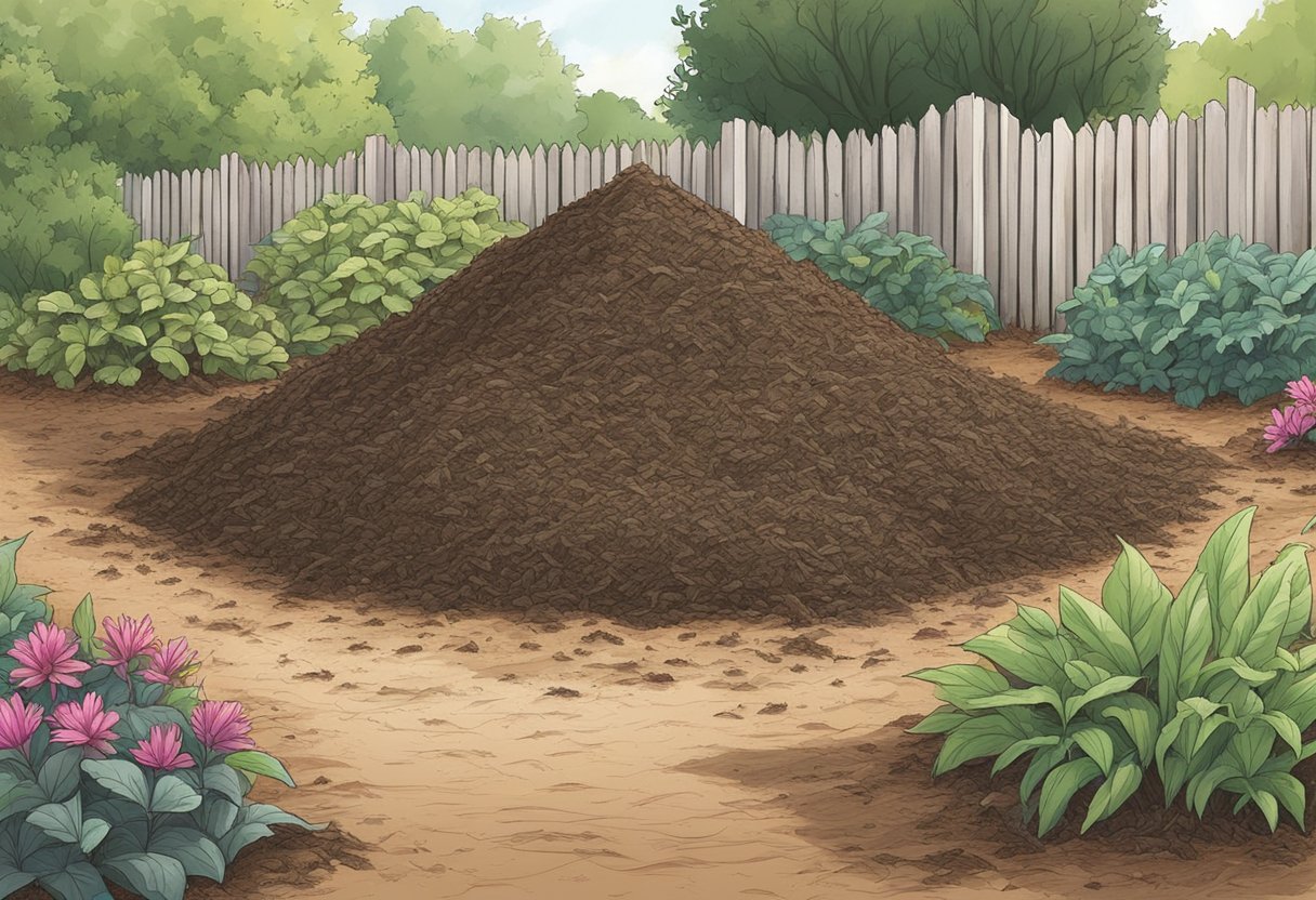 A pile of mulch sits in a garden, emitting a damp, earthy scent. Mosquitoes buzz around the area, drawn to the moisture and organic matter