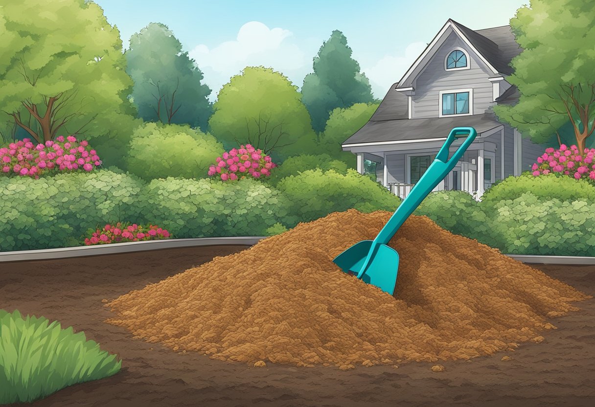 A shovel scoops up mulch from a pile, spreading it evenly across a garden bed