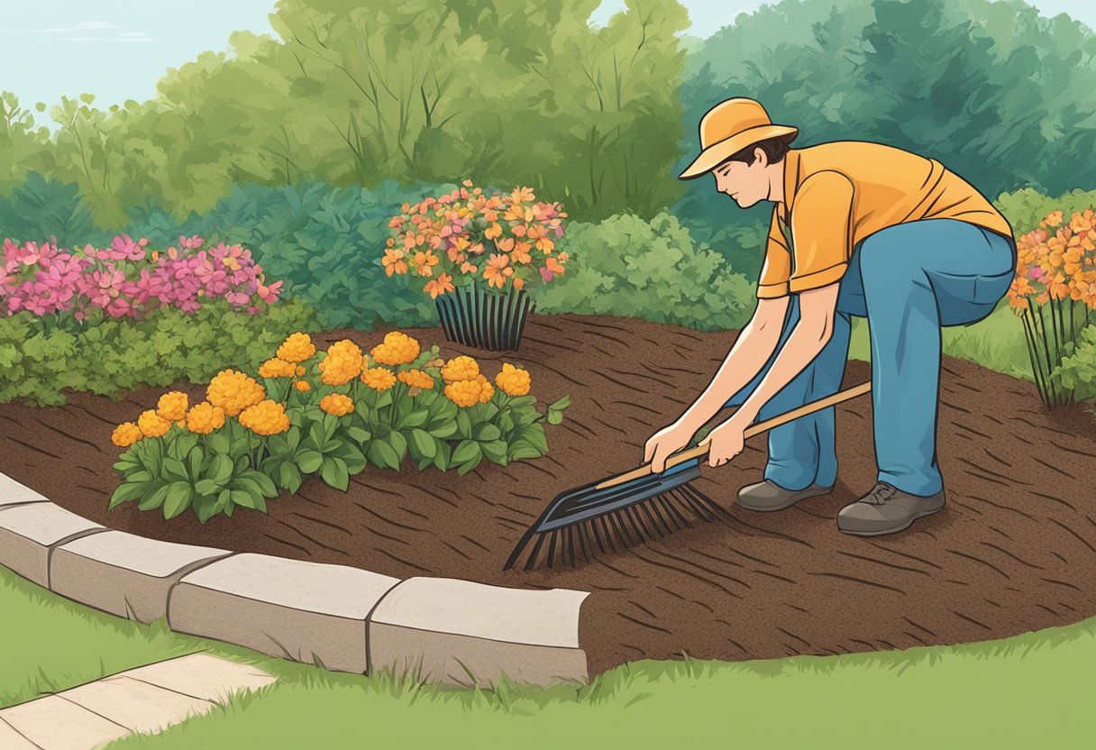 A gardener selects a sturdy rake to evenly spread mulch in a flower bed