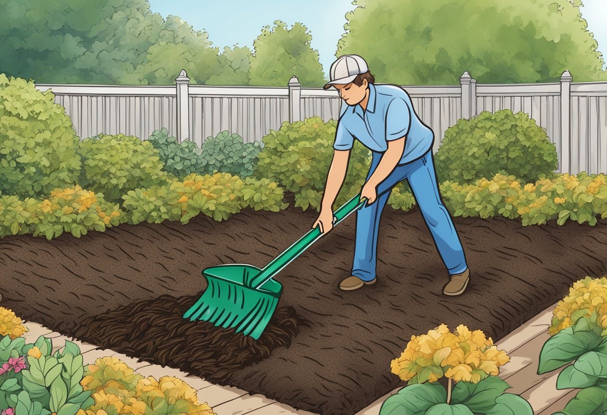 A person uses a rake to evenly spread mulch in a garden bed. The mulch is being carefully distributed around plants and shrubs to help retain moisture and suppress weed growth