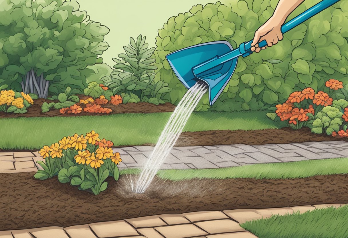 A hose sprays water onto freshly laid mulch in a garden bed. A rake and shovel sit nearby