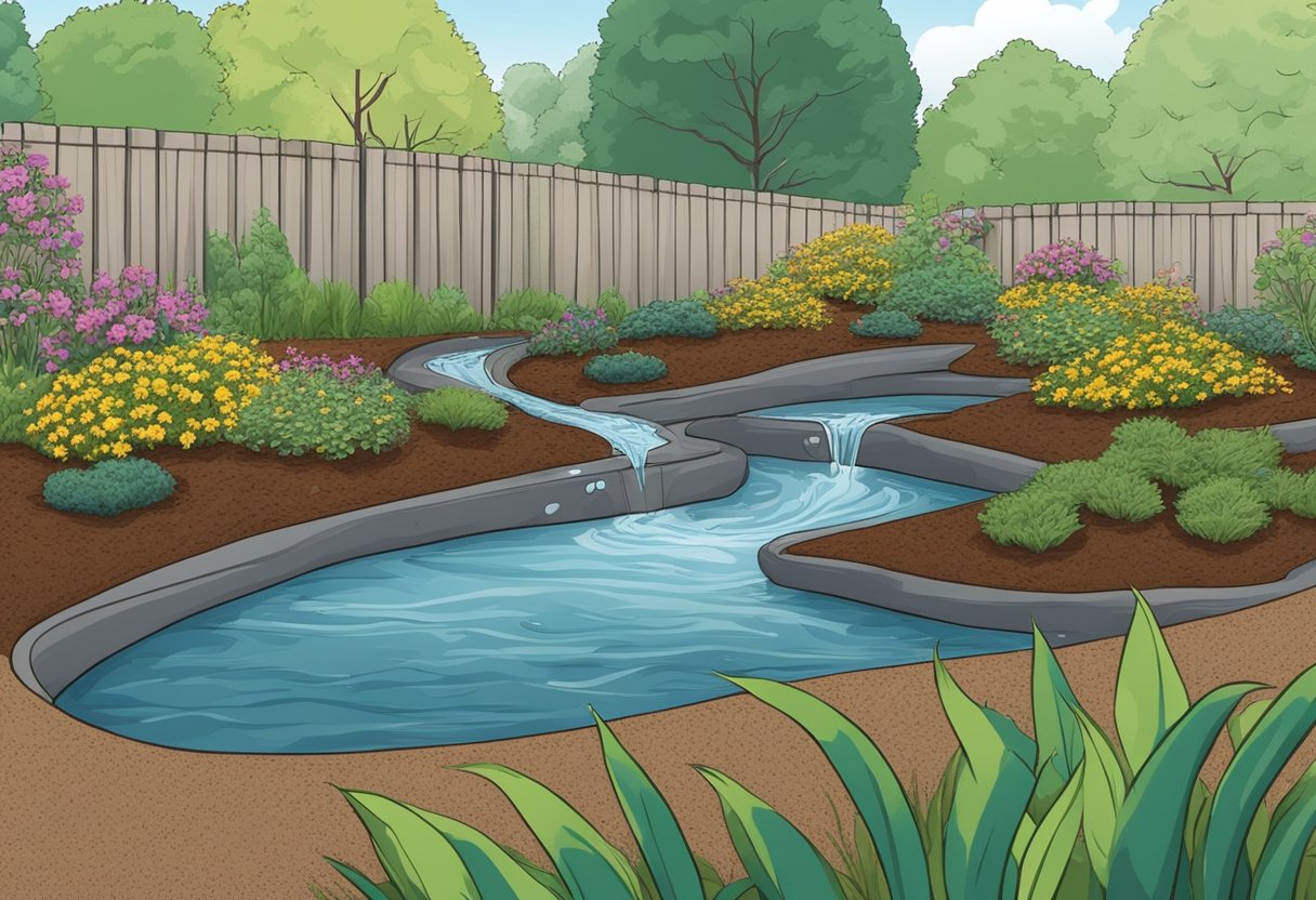 Mulch is spread around a garden bed, with water flowing smoothly through the soil. A drainage system is visible beneath the mulch