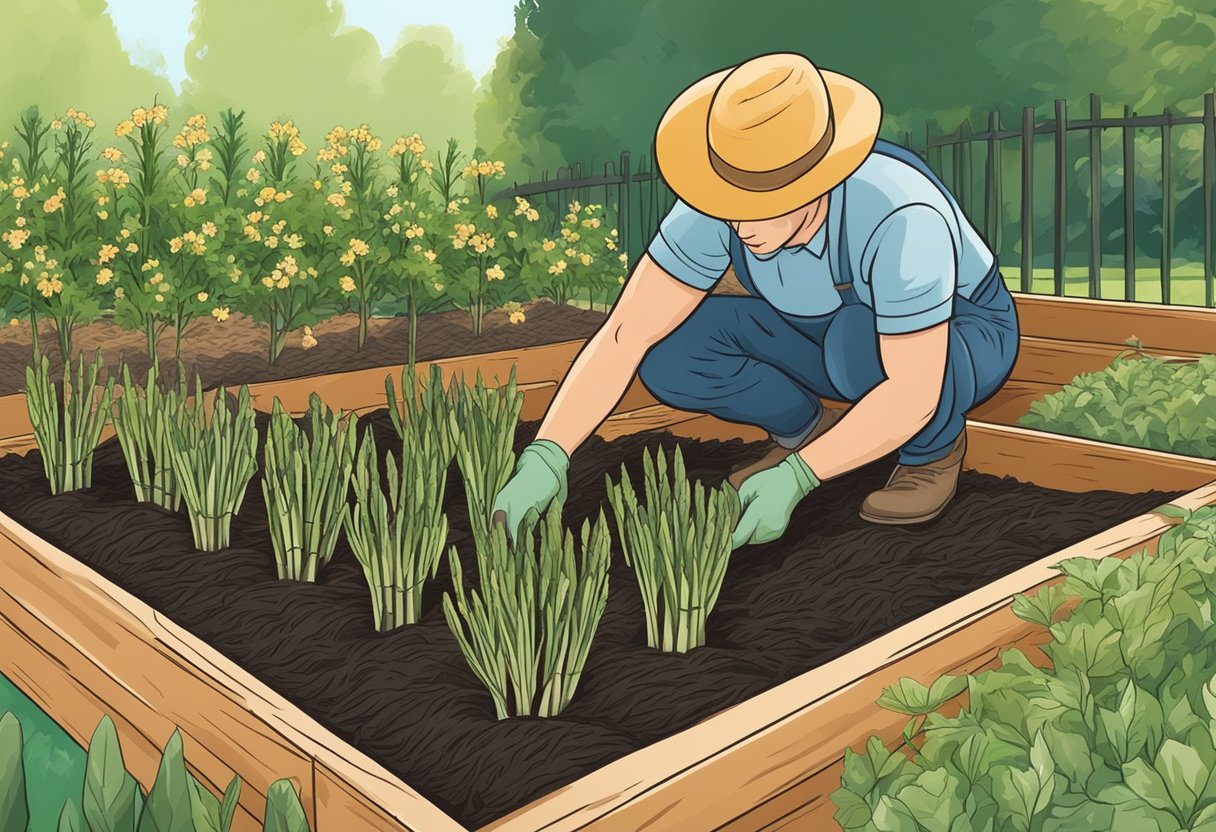 A gardener spreads organic mulch around asparagus plants in a sunny garden bed